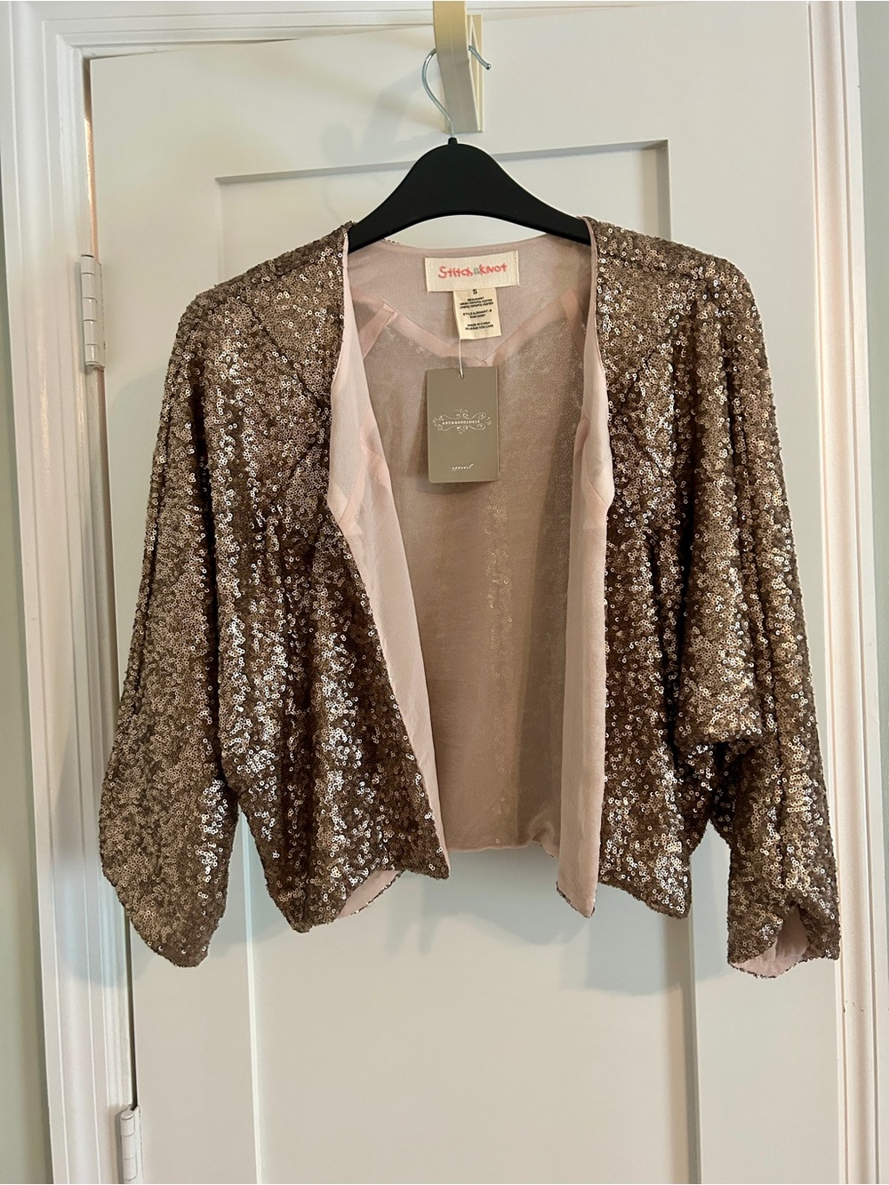 NWT Anthropologie x Stitch + Knot | Sequin Open Front Jacket in Taupe- Size S